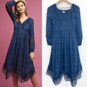 Anthropologie Akemi + Kin Navy Plaid Kerchief Filigree Lace Midi Dress size 0